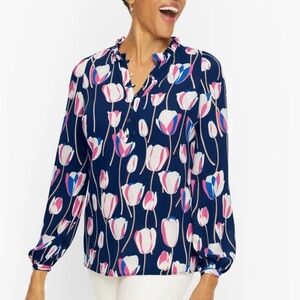Talbots RUFFLE TRIM POPOVER - TULIPS blouse Large